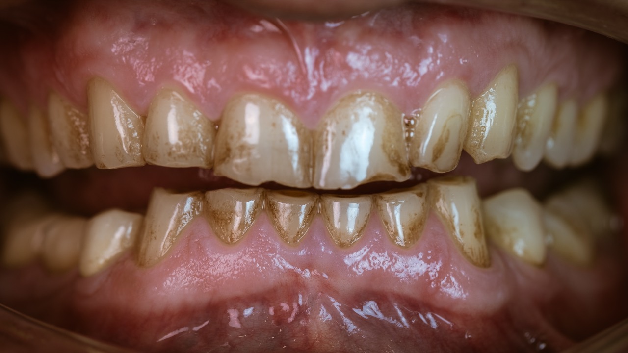 Veneer öncesi — aşınmış, renk almış ve kısalmış doğal dişler, yakın plan